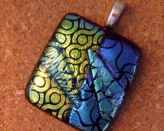 Blue Dichroic Pendant - Dichroic Necklace - Dichroic Jewelry - Fused Glass Jewelry - Fused Glass Necklace - Green Pendant - Dichroic Glass