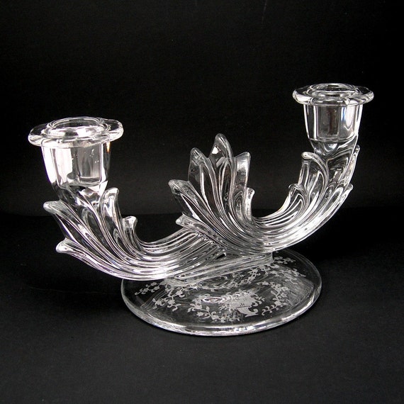 Fostoria Candleholders Pair Of 2 Mayflower Etchset Baroque Line Flame Pattern Clear Glass 2704