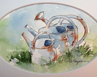 Three Vintage Watering Cans Original Watercolor Painting