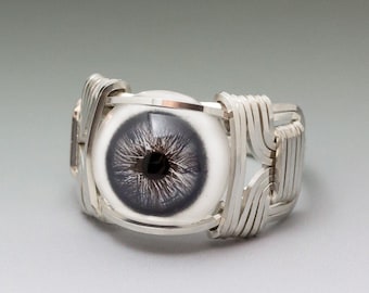 Slate Blue Glass Eye Eyeball Sterling Silver Wire Wrapped Ring - Made to Order and Ships Fast!