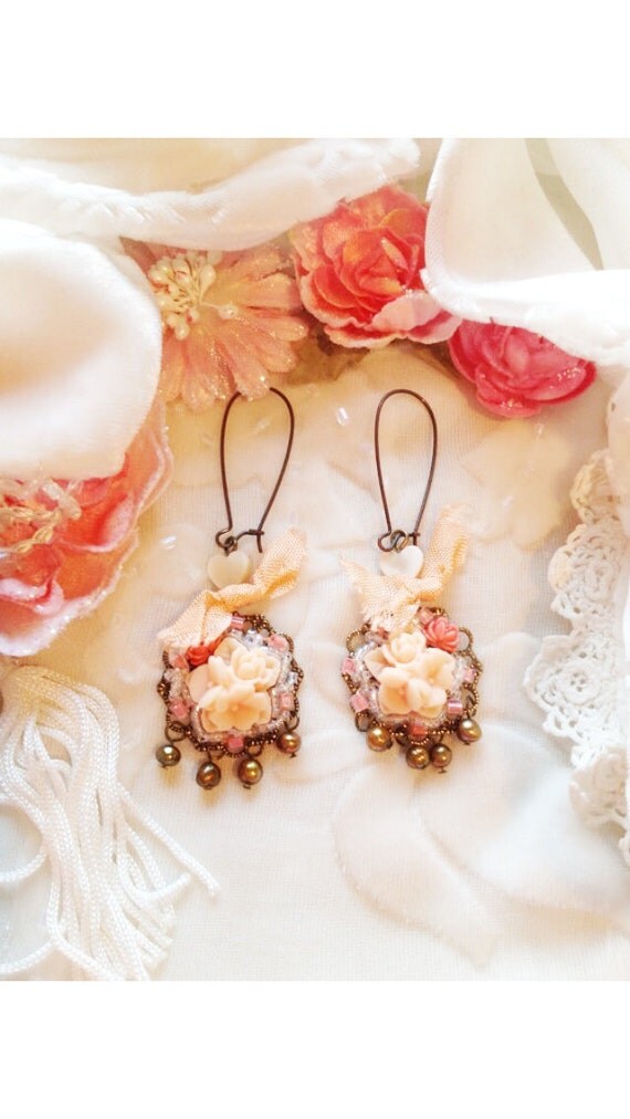 Items similar to Peach Resin Rose Flowers Glass Beads Bronze Colored Pearls Mother of Pearl
