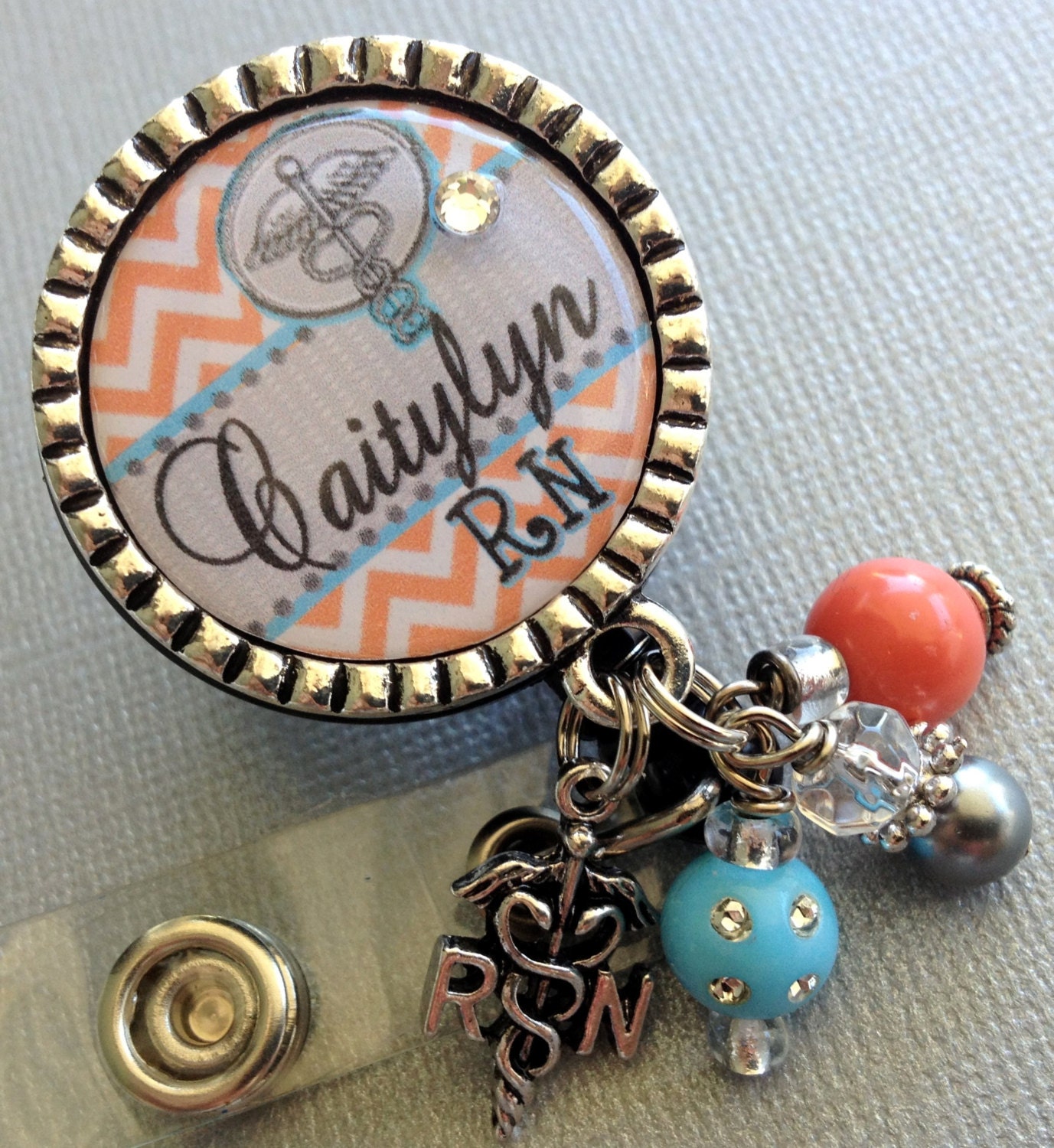 Personalized Nurse ID Badge Reel Chevron RN LMT Caduceus