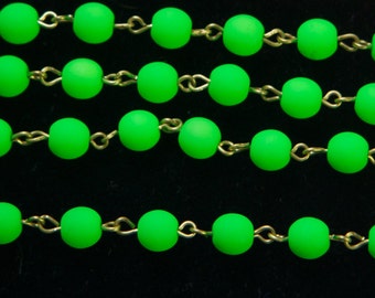 Neon Green Czech Glass Bead Chain Raw Brass Links 6mm chn163