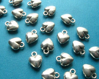 SIlver Puffy Heart Charms - Set of 20 - 13mm Antique Silver Finish Metal Charms, Lead Free, Nickle Free Small Silver Hearts (SC0079)