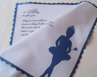 Princess Flower Girl Handkerchief, Royal Blue And Black, Personalized Wedding Gift, Ballerina Hankie, Wedding Party Favor, Custom Poem Hanky
