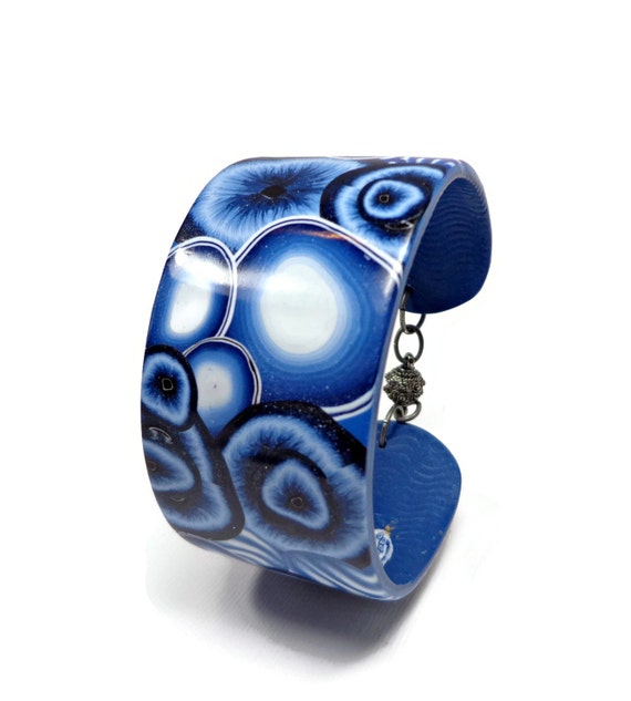 Items similar to Denim Blue Cuff Bracelet Polymer Clay Bracelet Wide
