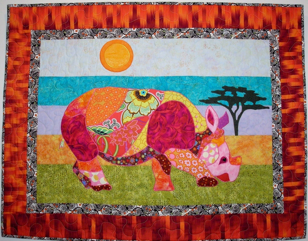 Colorful Rhinoceros Applique Quilt Wallhanging by coopersquilts