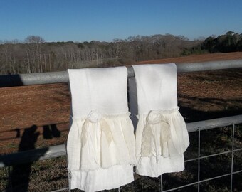 Double Ruffled Linen Towel Shabby Tea Towels Cottage Chic Hand Towel French Country Handmade Bath Décor Torn Ruffle Tea Towel