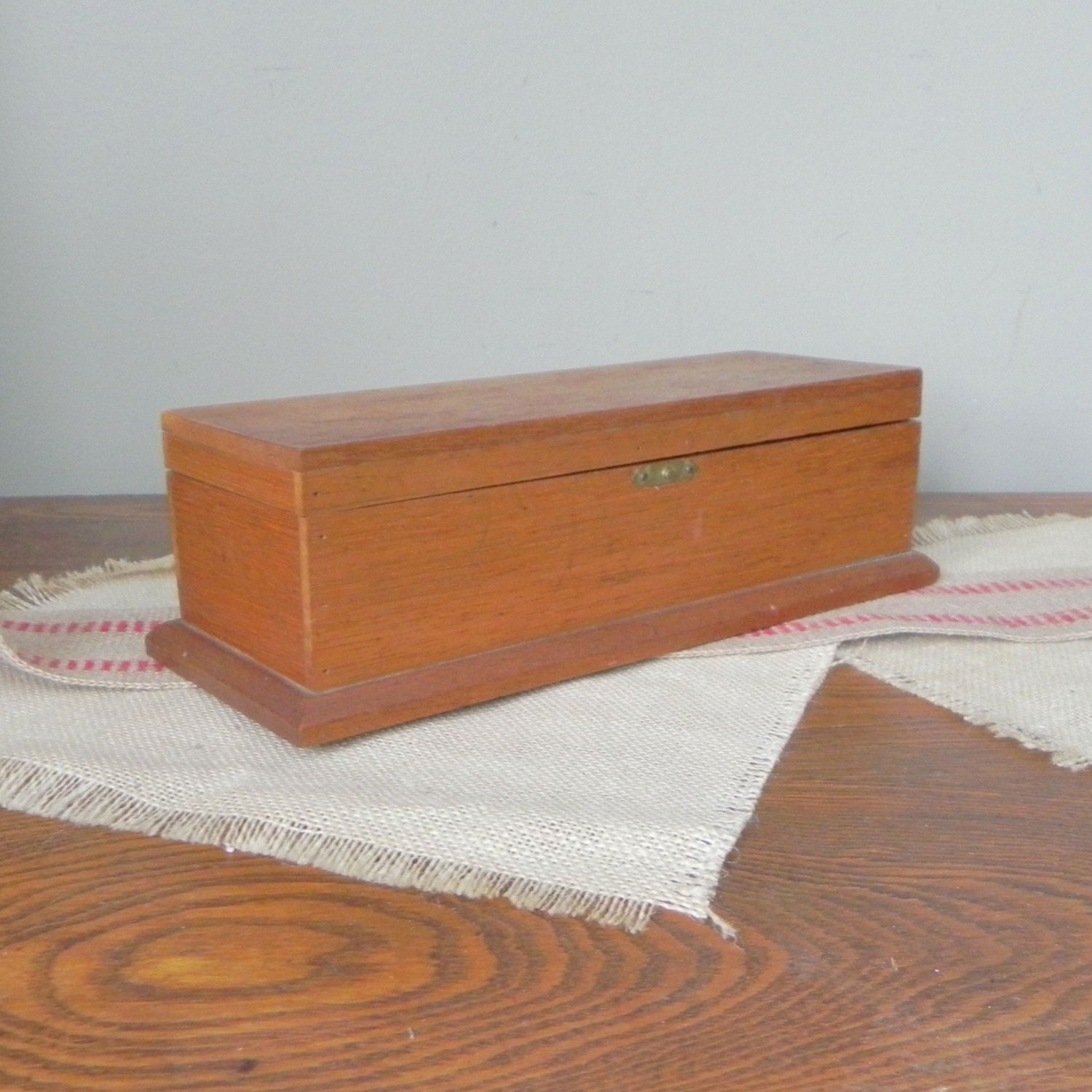 Vintage wood box long and narrow lid cover patina storage organize
