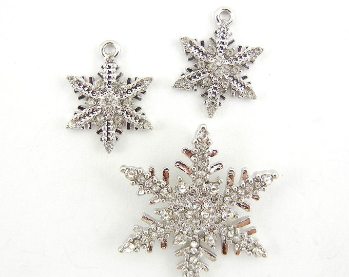 Silver-tone Snowflake Charms and Pendant with Rhinestones Set