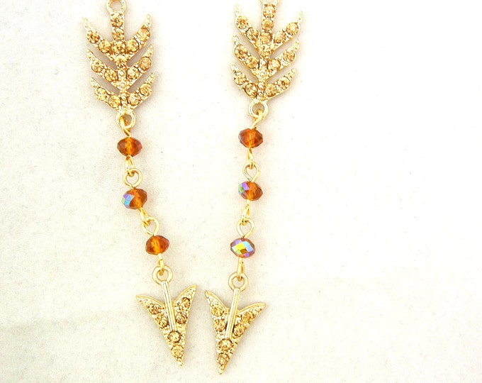 Pair of Gold-tone Topaz Rhinestone and Beads Arrow Charms