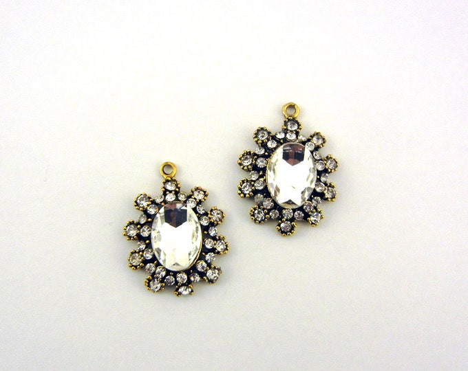 Pair of Oval Crystal Pave Burnished Gold-tone Charms