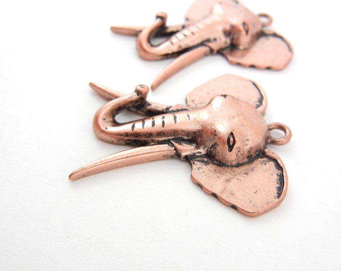 Pair of Antique Copper-tone Elephant Head with Long Tusks Charms