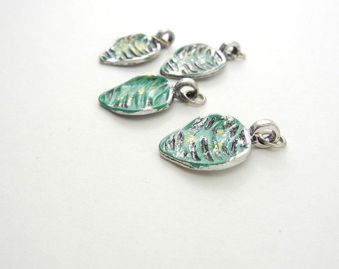 Set of 4 Small Painted Antique Silver-tone Leaf Charms