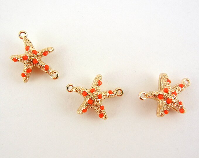 Set of 3 Small Double Link Starfish Charms Gold-tone Coral Acrylic Cabochons