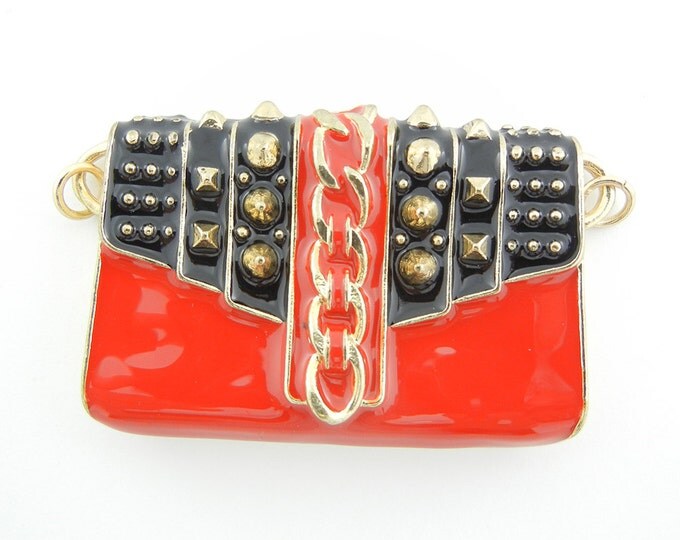 Large Double Link Gold-tone Red Enamel Purse Pendant