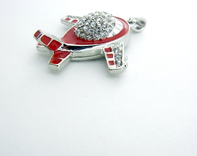 Silver-tone Airplane Rhinestones and Red Epoxy Pendant