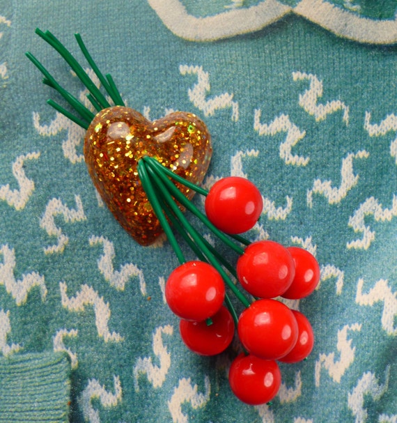 Heart of gold confetti lucite style handmade cherry brooch 40s 50s