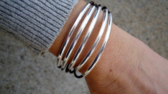 Leather Bracelet, Sterling Silver Tubes Bracelet, Leather Cuff, Silver ...