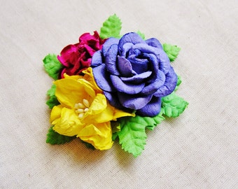 Violet, Raspberry, Lemon roses Mixed bunch Vintage style Millinery Flower spray Bouquet - corsage, floral shabby chic 32114 OOAK