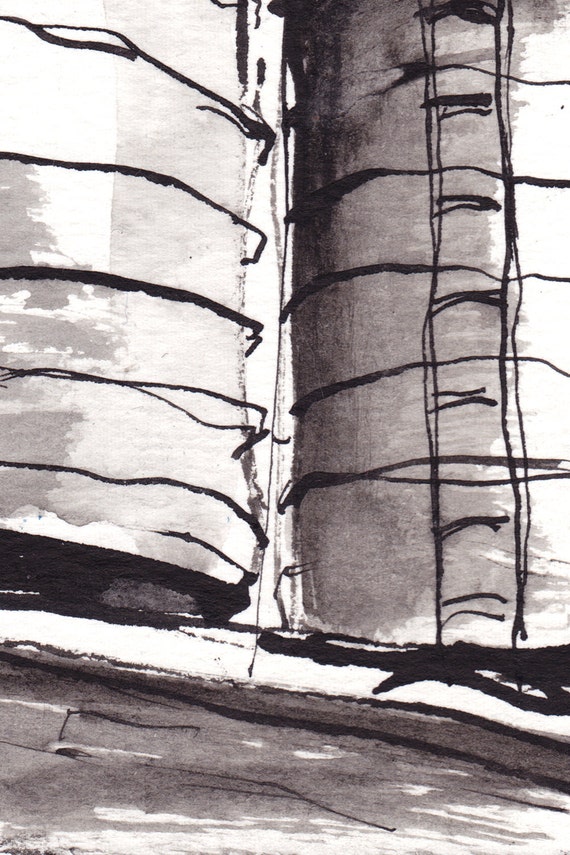 Pen and Ink Sketch Drawing NYC Water Tower Black and White