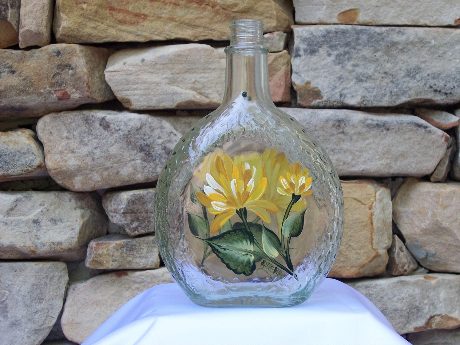 Hand Painted Decorative Glass Bottle with Yellow/Gold