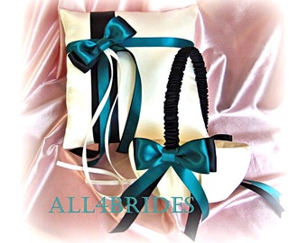 Teal and black wedding flower girl basket and ring bearer pillow, wedding decorations ring cushion and basket set