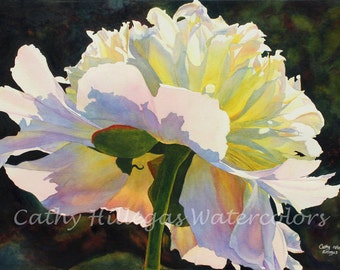 Peony Art watercolor painting print by Cathy Hillegas, 16 x 22, floral watercolor print, white pink peony art, mothers day, gifts for mom