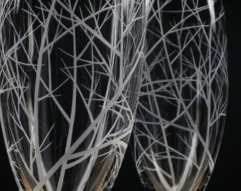 Two Champagne Flutes Hand Engraved 'Reaching Branches' Woodland Wedding