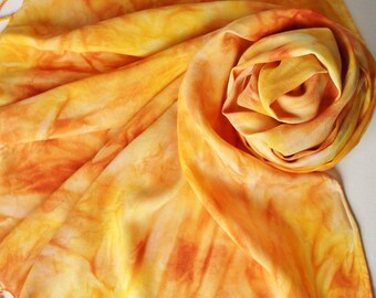 Hand Painted Fringed Scarf - Hand Dyed Scarves Fringe Tangerine Lemon Orange Pumpkin Burnt Orange Gold Yellow