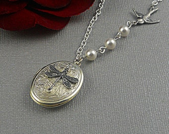 Mother's Day Silver Dragonfly Locket, Dragonfly Necklace, Swallow Sparrow, Pearls Romantic Oval Locket Mother Gift- VANESSA