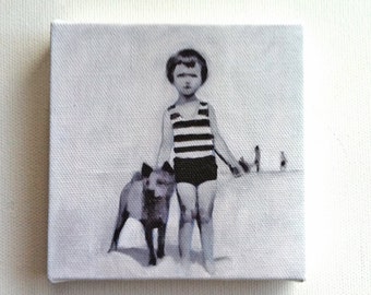 Summer day / Tiny canvas print /art print / CHILDREN / STRIP / black and white small print / sea drawing-- wall hanging