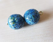 Blue Crackle Babies, earring pair. Polymer clay artisan beads with gold glitter shards and crackling effect.