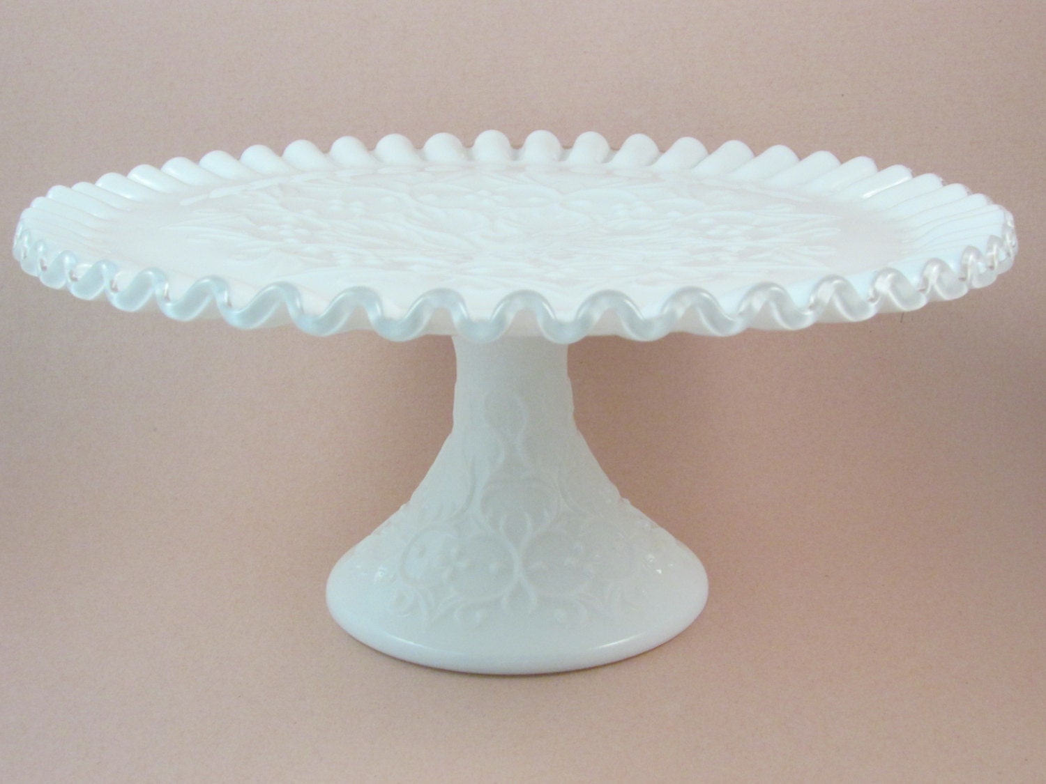 Vintage Fenton Milk Glass Pedestal Cake Plate Silver Crest 0376