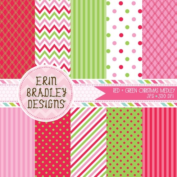 Christmas Holiday Digital Paper Pack Pink Green & Red Commercial Use INSTANT DOWNLOAD Il_570xn