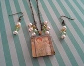 Art Deco Glass One Inch Tile Necklace and Earring Set