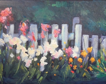 Garden Painting, Daily Painting, Small OIl Painting, "Picket Fence" by Carol Schiff 6x12x.75" Original Oil