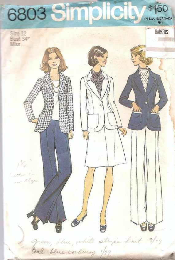 Vintage Sewing Pattern Womens 1970s Suit Blazer High Waisted Pants 