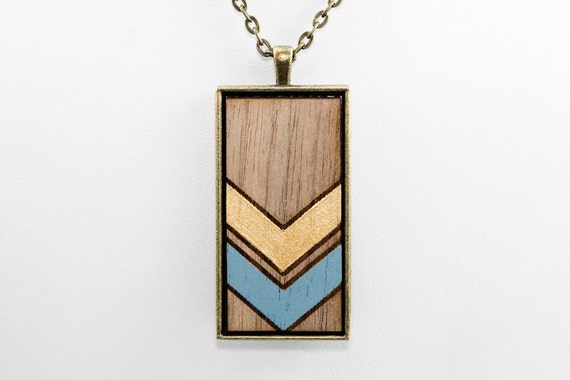 Geometric Chevron Pendant - Blue and Gold on Walnut Wood (Bronze Rectangle)