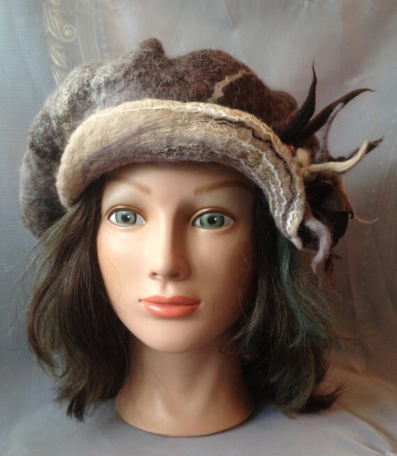 Felted women's hat , nunofelted taupe beige,brown, merino wool, mohair,alpaca bamboo ladies felted winter hat,