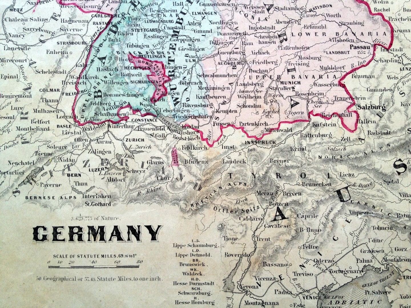 1860 Vintage Map of Germany Antique Germany Map Old Map of