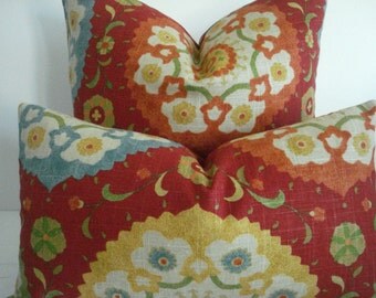 BOTH SIDES -Suzani Decorative Pillow cover--- Designer Fabric--Primary Colors---Red-Yellow-blue-Throw /Lumbar Pillow