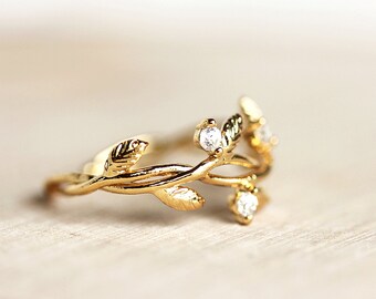 Delicate Leaf Branch ring with CZ stones Everyday jewelry, Leaf Ring,Vine Ring,Adjustable Ring,Gift for Her,Gift Under 25,branch ring