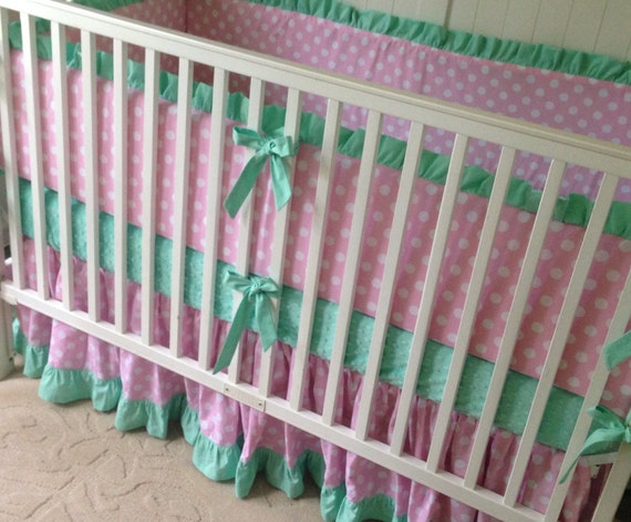 Crib Bedding Set Pink and Mint Green Made by butterbeansboutique