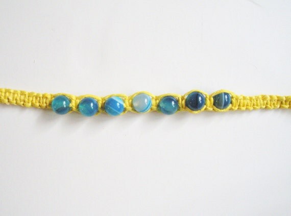 Yellow Hemp Bracelet with Blue Agate Beads ready to by luvbuzz