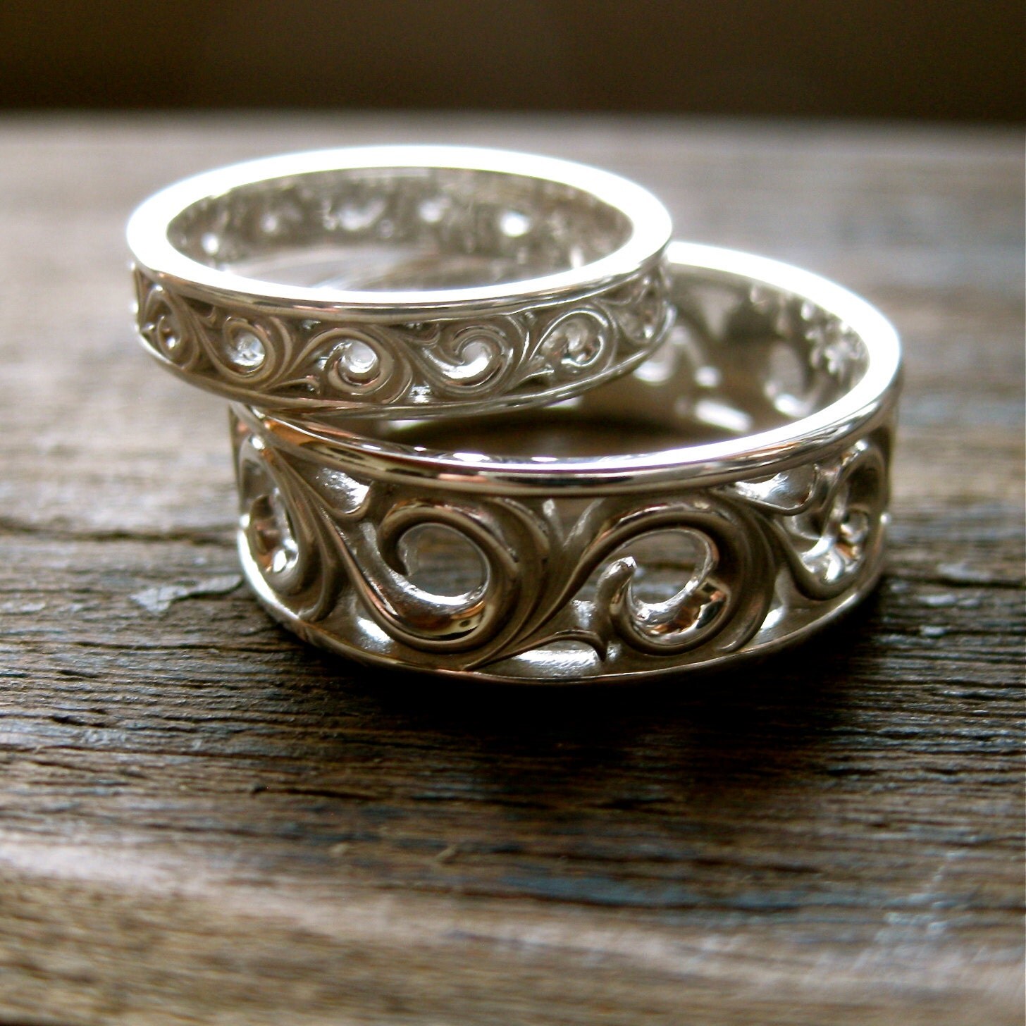 Sterling Silver Scroll Wedding Rings with Detailed Floral