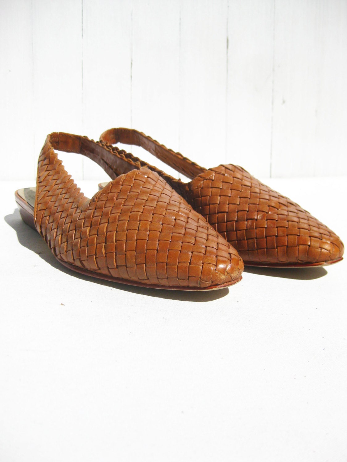 80s Brown Leather Woven Slingback Sandals Flats by OliverandAlexa