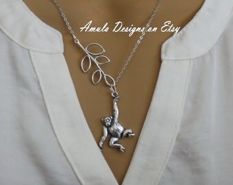 Antique Silver Monkey Lariat Necklace