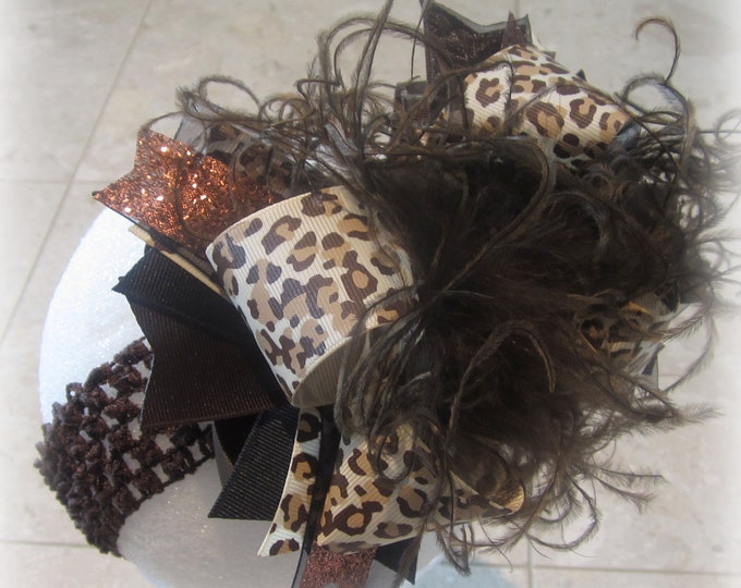 Leopard Over the Top Bow, Cheetah Over the Top Hairbow, Girls Headbands, baby Headbands, Big Pageant Bows, Ostrich Feather Hair Bow, OTT Bow