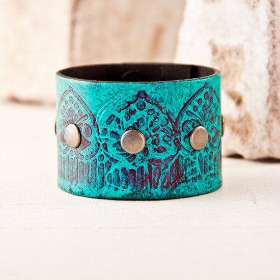 Turquoise Jewelry Leather Cuffs Shabby Chic Bracelets Gypsy